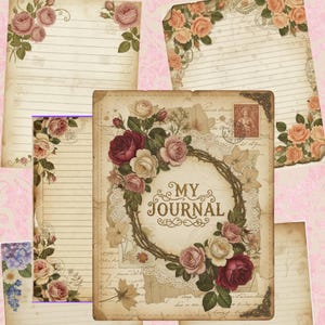 Vintage Journal Printable Rose Cover Page Design Digital Download Scrapbook Writing Template Romantic Shabby Chic Floral Diary Antique Style