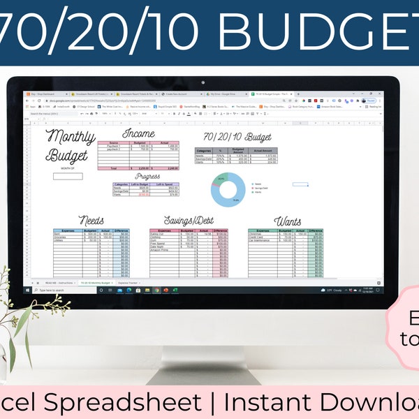 70 20 10 Budget - 70 20 10 Budget Planner - 70 20 10 Budget Template - Excel Spreadsheet Monthly Budget - 70 20 10 Budget Tracker