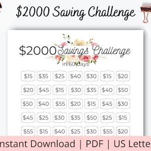 Puede incluir: Un desafío de ahorro de 2000 € imprimible en 60 días. El desafío se presenta como una cuadrícula de 35 cuadrados, cada uno con una cantidad en euros a ahorrar. La cuadrícula está decorada con un diseño floral.