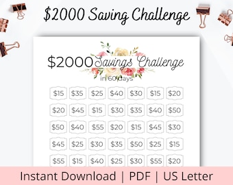 Save 2000 in 60 days - 2k Savings Challenge - 2022 Savings Challenge - 2000 savings tracker - Fun Saving Money - Savings Challenge 2000
