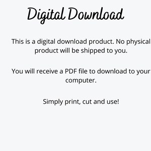 Pu&ograve; includere: Testo su sfondo bianco che recita "Download digitale" seguito da tre punti elenco. Il primo punto elenco recita "Questo &egrave; un prodotto di download digitale. Nessun prodotto fisico verr&agrave; spedito a te.". Il secondo punto elenco recita "Riceverai un file PDF da scaricare sul tuo computer.". Il terzo punto elenco recita "Stampa, ritaglia e usa!"