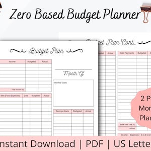 Puede incluir: Un planificador de presupuesto mensual de dos páginas con un diseño rosa y blanco. El planificador incluye secciones para ingresos, gastos y objetivos de ahorro. El texto en el planificador dice "Zero Based Budget Planner" y "2 Page Monthly Planner".