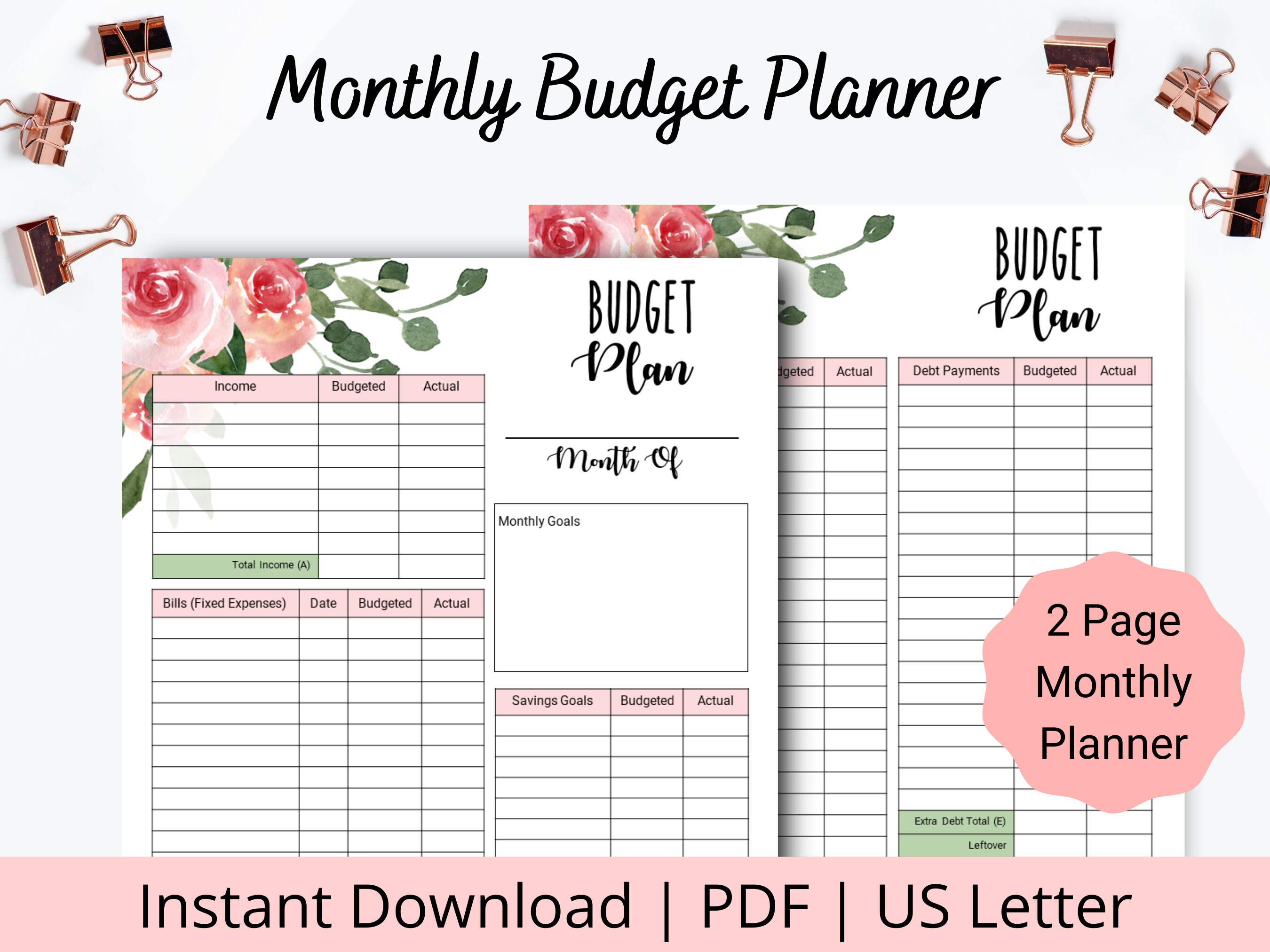 Budget mensuel imprimable Planificateur de budget imprimable Budget mensuel  PDF Modèle de budgétisation Suivi du budget mensuel Lettre US -  France