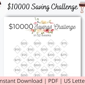 May include: A printable $10,000 savings challenge chart with a floral design. The chart is divided into 52 weeks and includes different dollar amounts to save each week.