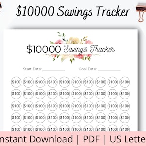 10000 Savings Tracker -  10k Savings Challenge - Emergency Fund printable - 10k savings tracker - Floral Savings Tracker - Easy Savings PDF