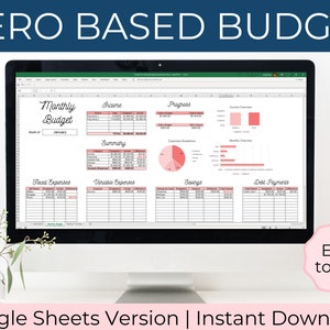 May include: A computer screen displaying a Google Sheets spreadsheet with a zero-based budget template. The spreadsheet is divided into sections for income, expenses, savings, and debt payments. The template is designed to help users track their finances and create a budget that meets their needs. The text on the screen reads "Zero Based Budget" and "Monthly Budget".