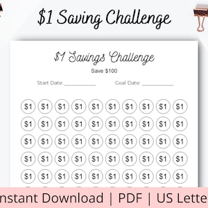 1 dollar savings challenge - One Dollar Savings Challenge - Easy Savings Tracker Template - Cash Savings Challenge - US Letter - PDF