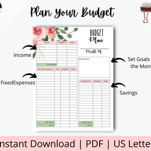 Pu&ograve; includere: Un pianificatore di budget stampabile con un design floreale. Il pianificatore include sezioni per entrate, spese fisse, obiettivi di risparmio e obiettivi mensili. Il testo "Budget Plan" &egrave; in cima alla pagina. Il testo "Month of" &egrave; sotto il titolo. Il testo "Instant Download | PDF | US Letter" &egrave; in fondo alla pagina.