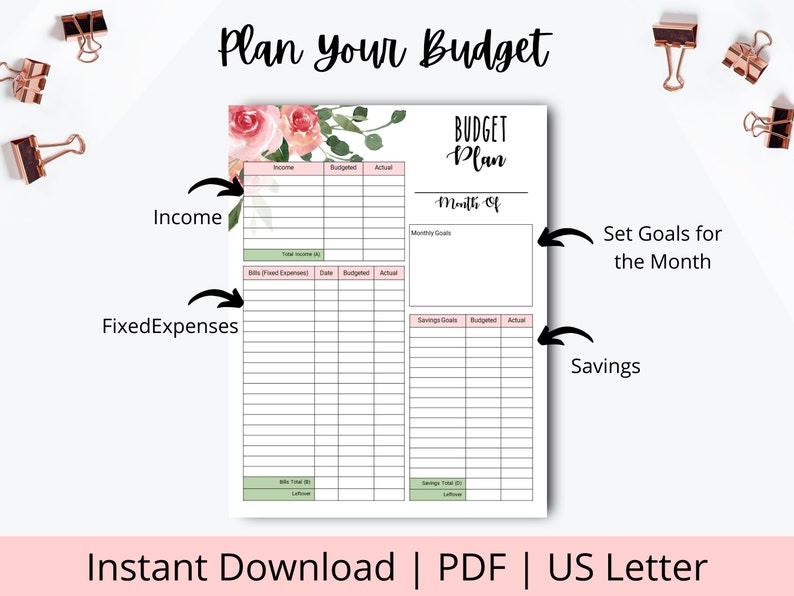 Pu&ograve; includere: Un pianificatore di budget stampabile con un design floreale. Il pianificatore include sezioni per entrate, spese fisse, obiettivi di risparmio e obiettivi mensili. Il testo "Budget Plan" &egrave; in cima alla pagina. Il testo "Month of" &egrave; sotto il titolo. Il testo "Instant Download | PDF | US Letter" &egrave; in fondo alla pagina.