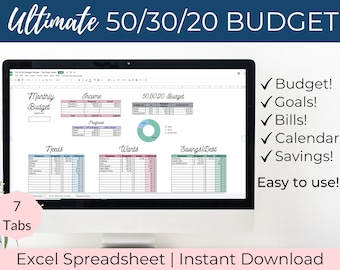 50 30 20 Budget - Excel Budget Template - 50 30 20 Rule - Digital Budget Calculator - Instant Download