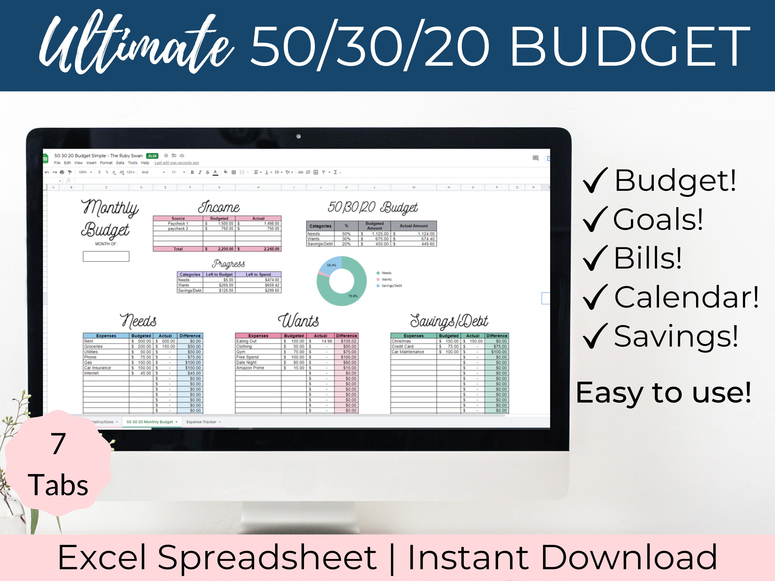 50 30 20 Budget Excel Budget Template 50 30 20 Rule Etsy