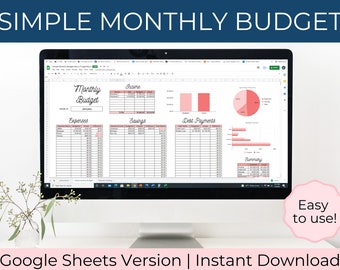 May include: A computer screen displaying a Google Sheets spreadsheet with a monthly budget template. The spreadsheet is divided into sections for income, expenses, savings, debt payments, and a summary. The template is designed to be easy to use and includes charts and graphs to help visualize spending.