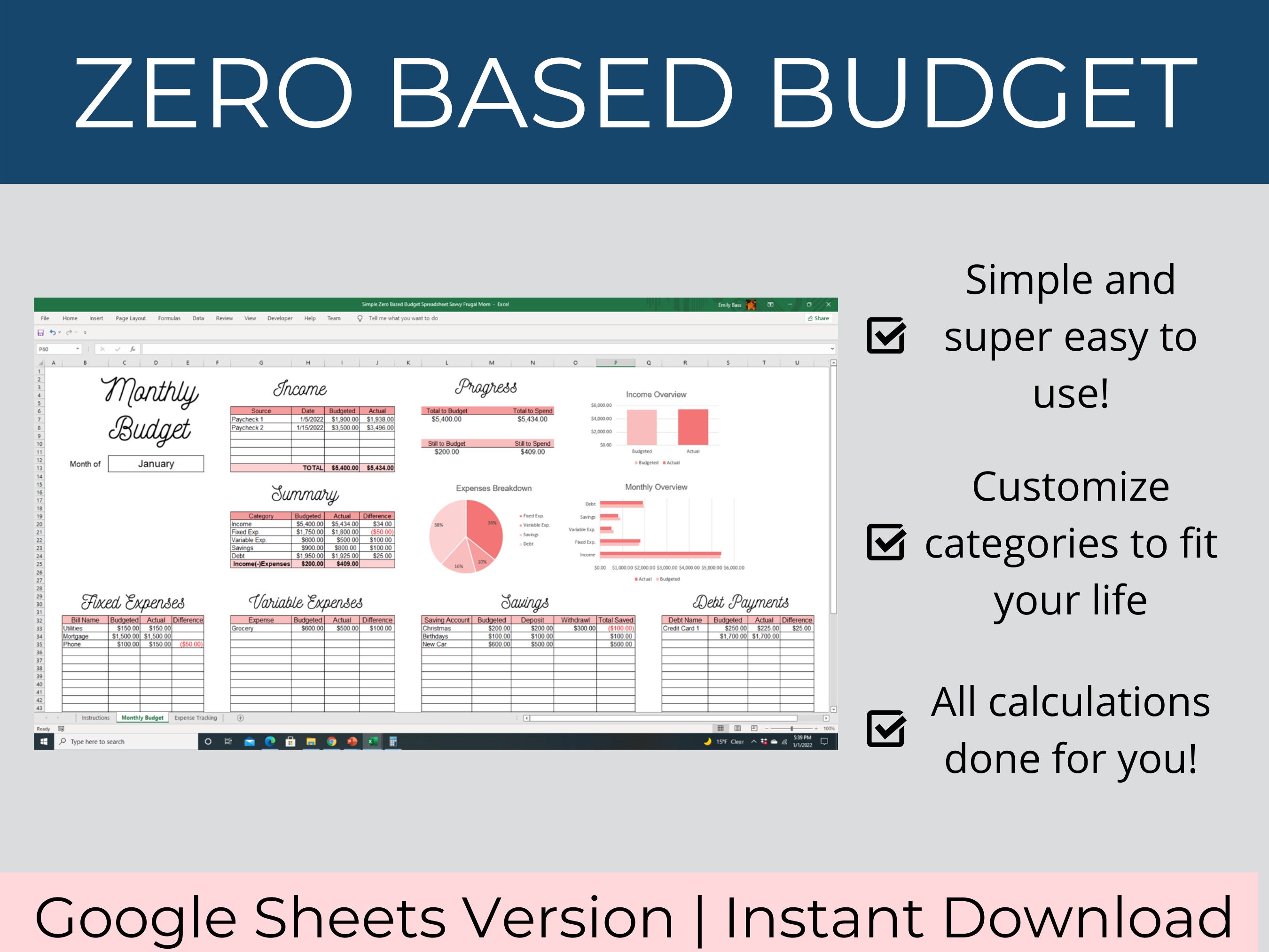 Zero Based Budget Google Sheets - Google Sheets Monthly Budget - Zero ...