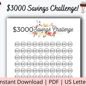 Puede incluir: Un rastreador de desafíos de ahorro de $3000 imprimible con un diseño floral. El rastreador tiene 10 filas de 10 círculos, cada uno con el texto "$30" dentro. El texto "Desafío de ahorro de $3000" está en la parte superior de la página.