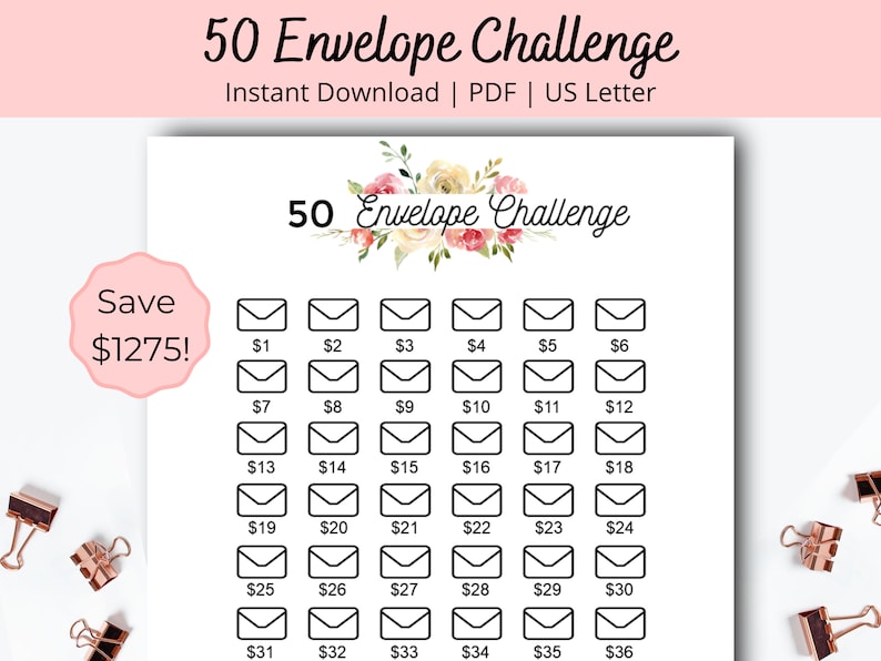 50 Envelope Challenge Envelope Savings Tracker 50 Envelope Savings