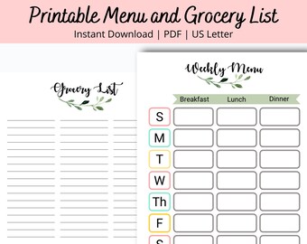 Meal Plan and Grocery List - Weekly Menu Template - Printable Weekly Meal Planner - Grocery List Printable, Food Tracker Sheets, Dinner menu