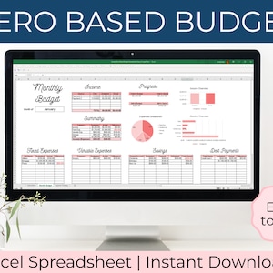 May include: A computer monitor displays a "Zero Based Budget" Excel spreadsheet. The spreadsheet is organized with sections for income, expenses, and savings, with the text "Monthly Budget" at the top. The image also includes the text "Easy to use!" and "Excel Spreadsheet | Instant Download."