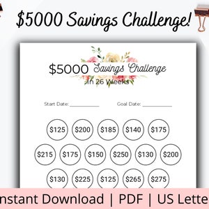 May include: Printable $5000 Savings Challenge in 26 Weeks.  A floral design with pink and yellow flowers is at the top of the page.  The page includes a chart with 26 weekly savings amounts.