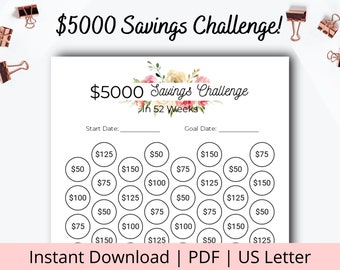 Save 5000 in a Year - 52 Week Savings Challenge - 5000 Savings Challenge - Savings Challenge Printable - Money Challenge Sheet - PDF