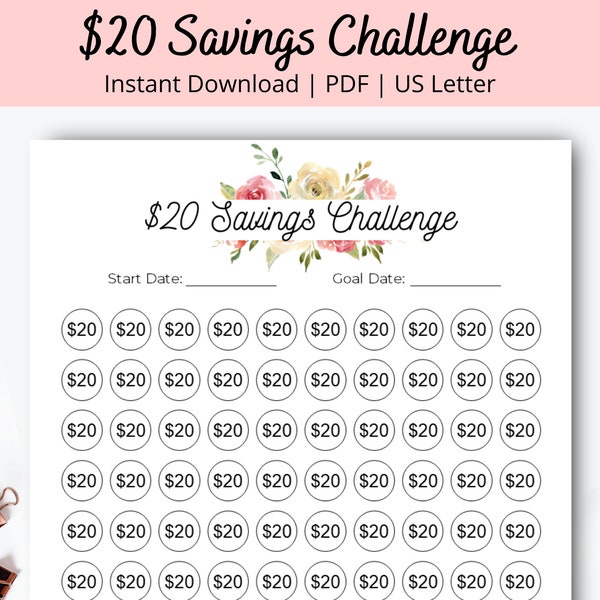 20 dollar savings challenge - 20 Dollar Savings - 2k Savings Challenge - Save Money Printable - 2000 dollar savings challenge - PDF