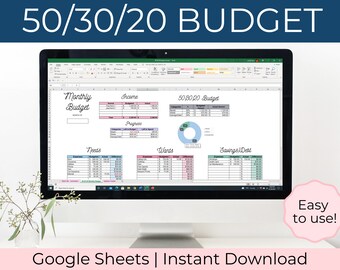 May include: A computer screen displaying a Google Sheets spreadsheet with a 50/30/20 budget template. The spreadsheet is divided into sections for income, needs, wants, and savings/debt. The template includes a pie chart showing the budget breakdown. The text "50/30/20 Budget" is displayed at the top of the spreadsheet. The text "Easy to use!" is displayed in a pink circle at the bottom right of the image. The text "Google Sheets | Instant Download" is displayed at the bottom of the image.