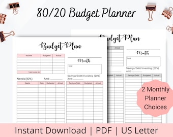 Budgeting 80 10 10 stampabile, Foglio budget facile, Modello di budget mensile, Pianificatore di budget 80 20, Budget mensile stampabile, Regola 80 20