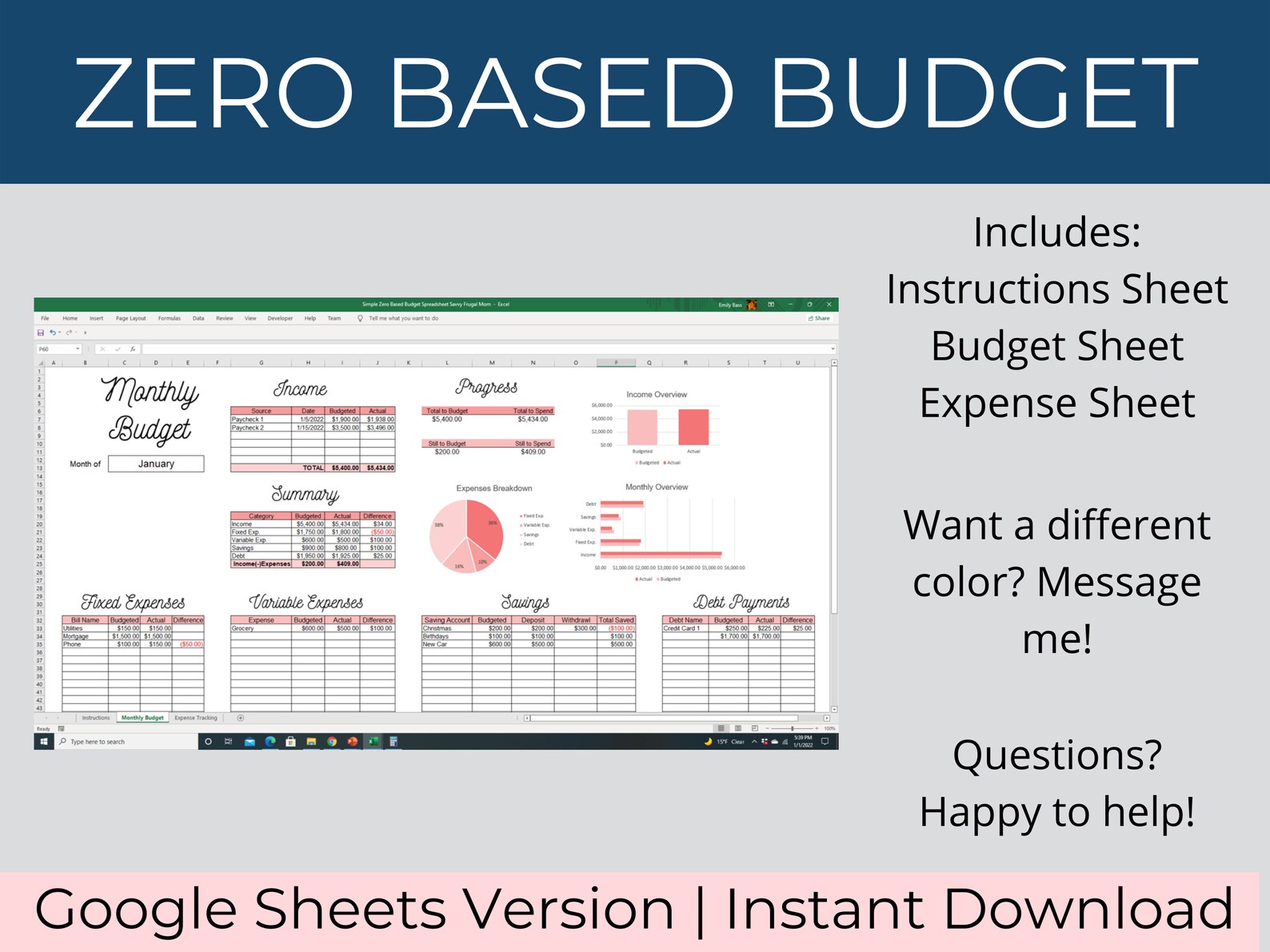 Zero Based Budget Google Sheets - Google Sheets Monthly Budget - Zero ...