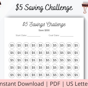 5 dollar savings challenge - 5 Dollar Challenge - Cash Saving Challenge - Easy Savings Tracker Printable - US Letter - PDF