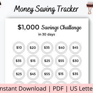Puede incluir: Un rastreador de ahorro de dinero imprimible con un diseño en blanco y negro. El rastreador se titula "$1,000 Savings Challenge in 30 days". Presenta una cuadrícula de 15 círculos, cada uno con una cantidad de dólares en su interior. Las cantidades van de $10 a $55.