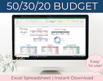 50 30 20 Budget - Excel Budget Template - Digital Budget Planner - Personal Monthly Budget - Instant Download