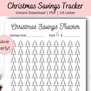 Puede incluir: Un rastreador de ahorros navideños imprimible con un diseño en blanco y negro. El rastreador presenta una cuadrícula de 100 pequeños árboles de Navidad. El texto "Christmas Savings Tracker" está en la parte superior de la página. El texto "Savings Goal:" y "Each: $ " están debajo del título. El texto "Save early!" está en un círculo rosa.
