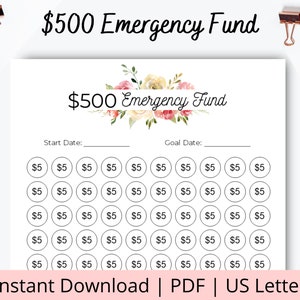Puede incluir: Seguimiento de un fondo de emergencia de $500 imprimible con un diseño floral. El seguimiento tiene una cuadrícula de 100 círculos, cada uno representando $5. Hay espacios para escribir la fecha de inicio y la fecha objetivo.