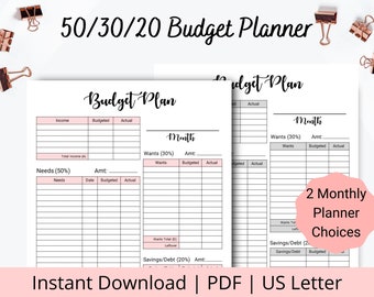 50 30 20 Budget Printable - 50 30 20 Budget - Easy Monthly Budget Tracker - Monthly Budget Template - Printable Budget Worksheet - US Letter