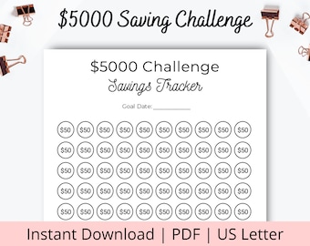 May include: A printable $5,000 savings challenge tracker with a goal date line and 50 circles to track savings in $50 increments.