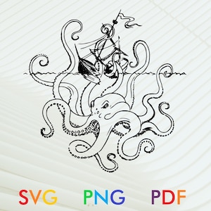 Octopus svg, Octopus png, Octopus pdf, Kraken svg, Kraken png, Kraken pdf, Octopus with ship svg,Octopus with ship png,Octopus with ship pdf
