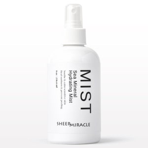 May include: White bottle of Sea Mineral Hydrating Mist with a black label and a spray nozzle. The label reads "MIST", "Sea Mineral Hydrating Mist", "Soothe & calm sensitive skin", "Heal sunburn & prevent peeling", "8 oz/236.6 ml", and "SHEERMIRACLE".
