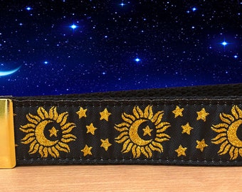 Sun Moon Stars Key Fob (made with shiny gold foil thread)