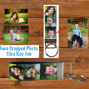 May include: A key fob with a blue and green strap featuring four face cropped photos of children. The strap is attached to a silver metal key ring.