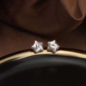 Natural Star Shape Freshwater Pearl Stud in Solid Sterling Silver · Minimalist Earrings pearl stud · Baroque Iridescent Pearl Star Earrings