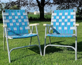 Vintage Webbed Aluminum Folding Lawn Chairs-Set of 2-His and Hers Chairs-Turquoise Teal Aqua-Retro Camping Chair-Boho Mesh Woven Beach Chair