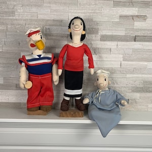 Vintage Popeye Dolls-Handmade Popeye Olive Oyl Sweet Pea Cloth Dolls-Popeye Collectibles-Mid Century Cartoon Dolls on Stand-Hand Sewn