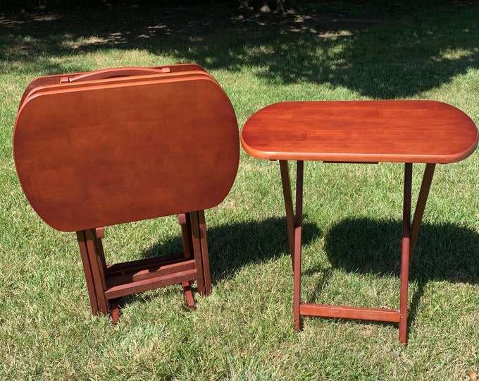 Vintage Full Set of 4 Wood TV Trays and Standvtg Folding TV Trays
