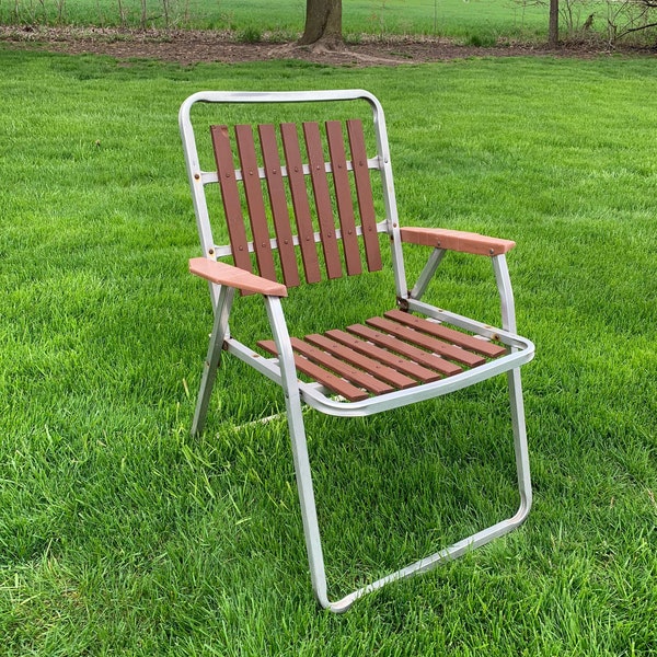 Vintage Red Wood 7 Slat Lawn Chair-Wood & Aluminum Chair-Vtg Wooden Folding Chair-Vintage Wood Slat Chair-Mid Century Chair-Patio Chair-WC1