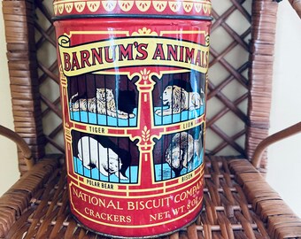 Animal Cracker Vintage Tin 1970s Decorative Tin Circus Theme Farmhouse Kitchen Decor Nursery Decor