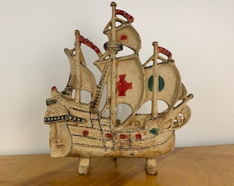 Vintage Brass Facade Cast Iron Pirate Ship/Spanish Galleon Lamp-Vtg Silhouette Radio Lamp-Mid Century Lighting-3D Textured-Night Light