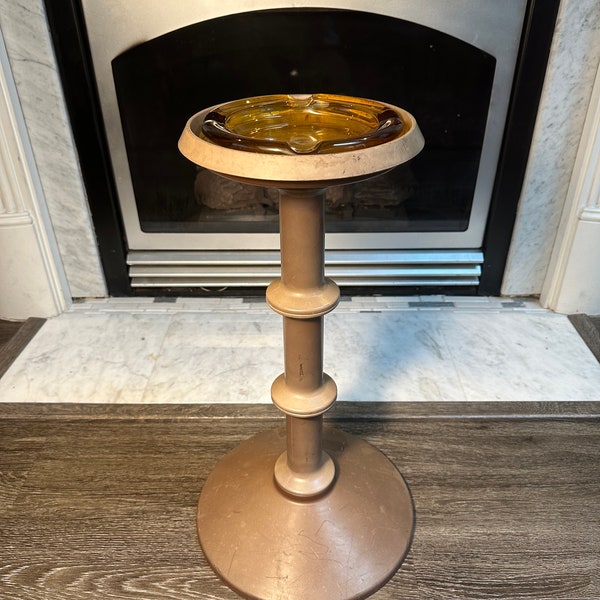 Vintage Plastic Smoking Stand-Pedestal Ashtray-Amber Glass Ashtray-MCM Floor Ash Tray-Tobacconist