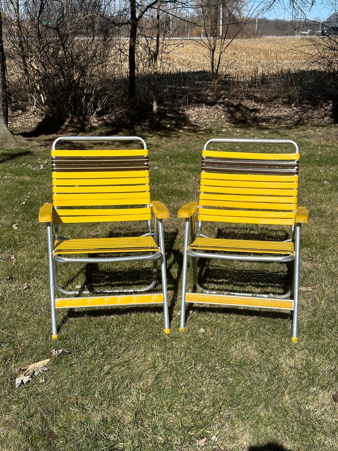Vintage Vinyl Strap Folding Lawn Chairsset of 2 Folding Chairsmid Century Patio Chairsyellow