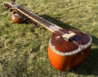 Vintage Handmade Acoustic Sitar-Double Tumba Professional Sitar-7 Main String-13 Sympathetic-Mid Century Acoustic Musical Instrument-India