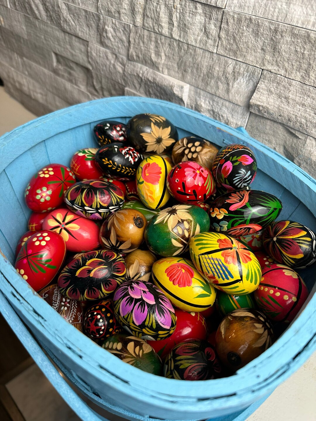 Vintage Wooden Easter Egg Lot 72 pysanky Hand Carved Hand Painted Eggsmid Century Easter Decor