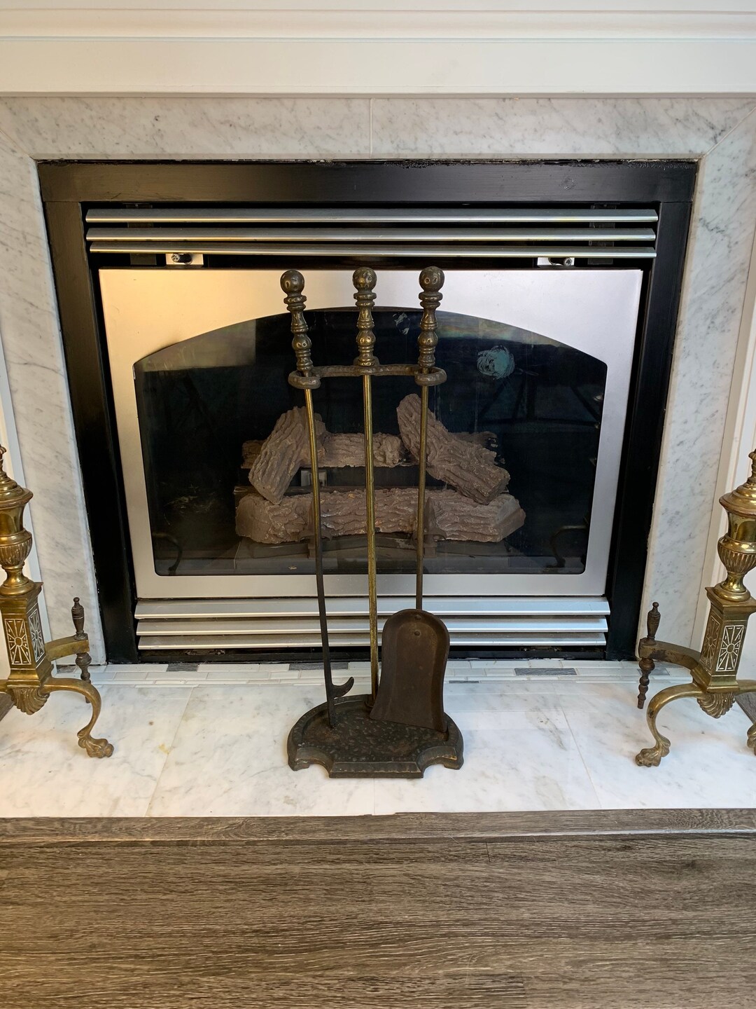 Vintage 3 Piece Metal Fire Setprimitive Cast Wrought Iron Fire Set